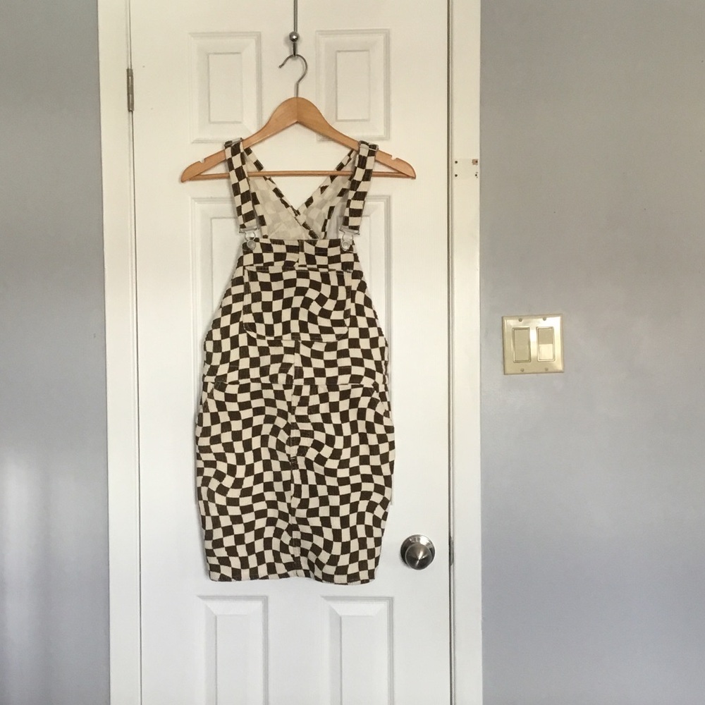 Checkerboard Mini Overall Dress in Brown and Cream